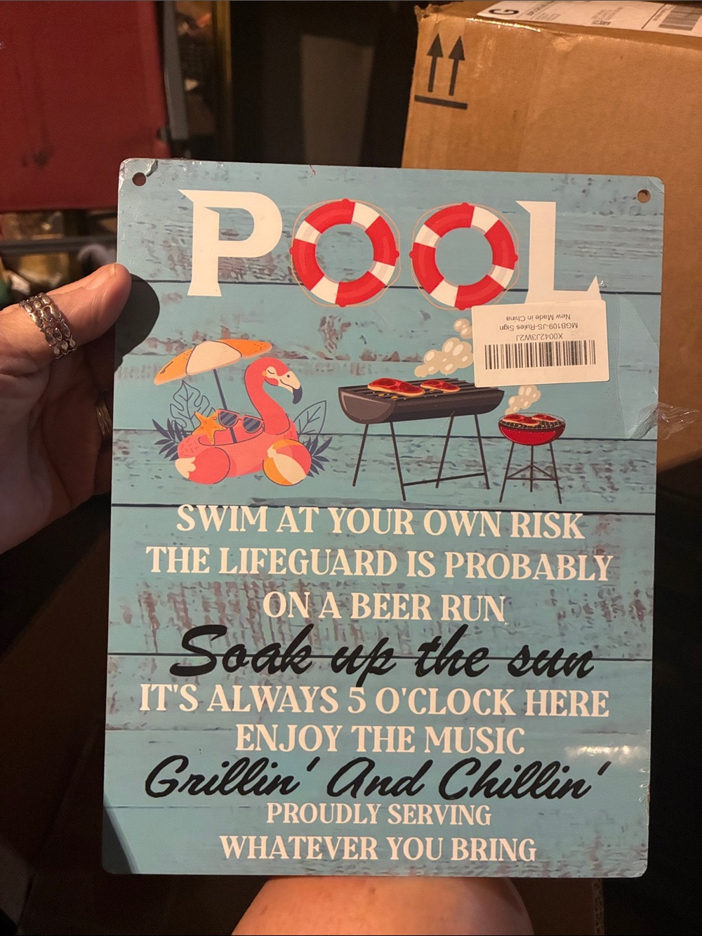 Swim Pool Sign Wall Decor - Blue Flamingo Grill Graphic